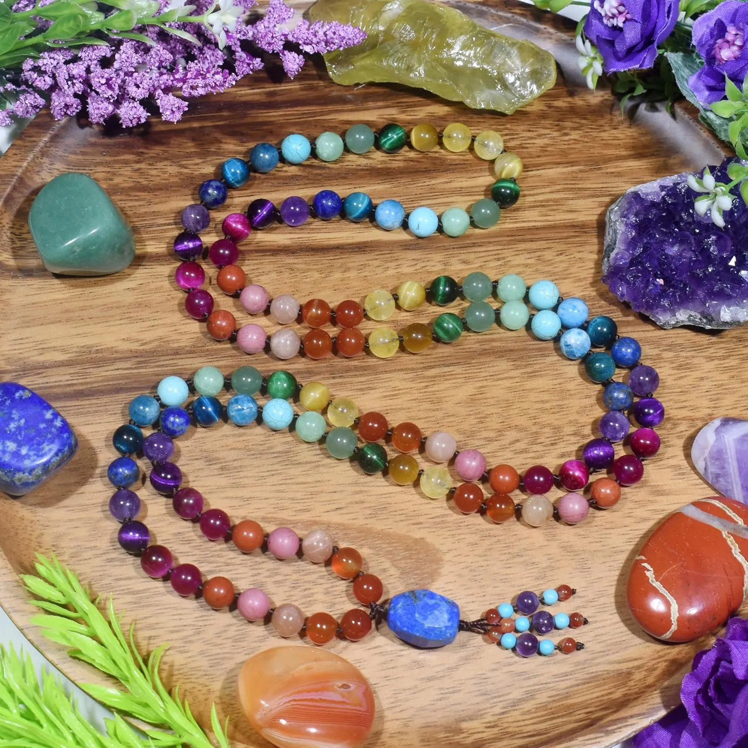 108 Mala Beads Genuine Semi-Precious Gemstone Hand Knotted 8MM Prayer Beads Long Multicolor Necklace 40 Inches