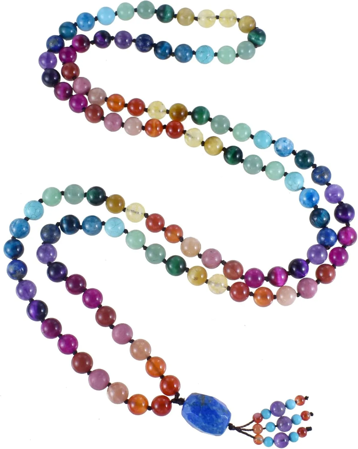 108 Mala Beads Genuine Semi-Precious Gemstone Hand Knotted 8MM Prayer Beads Long Multicolor Necklace 40 Inches