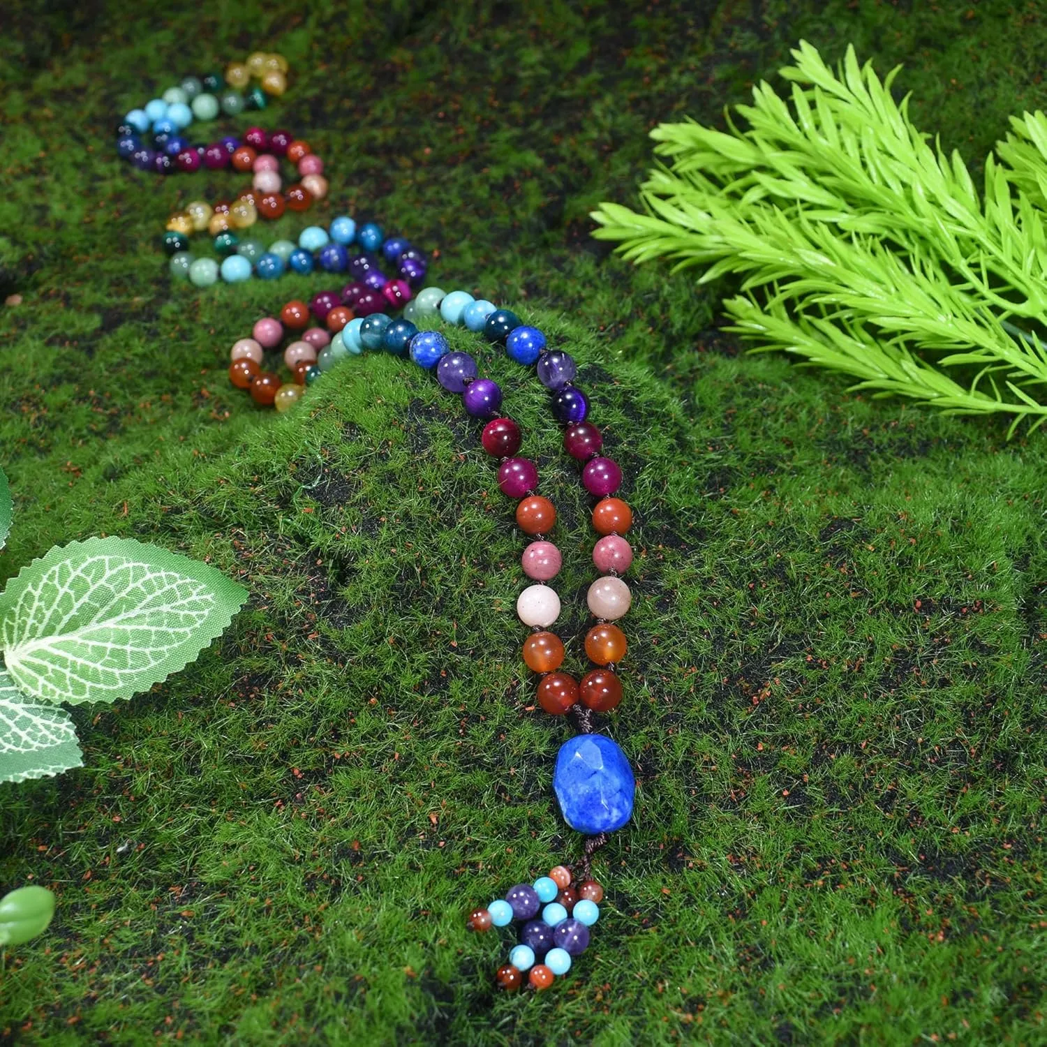 108 Mala Beads Genuine Semi-Precious Gemstone Hand Knotted 8MM Prayer Beads Long Multicolor Necklace 40 Inches