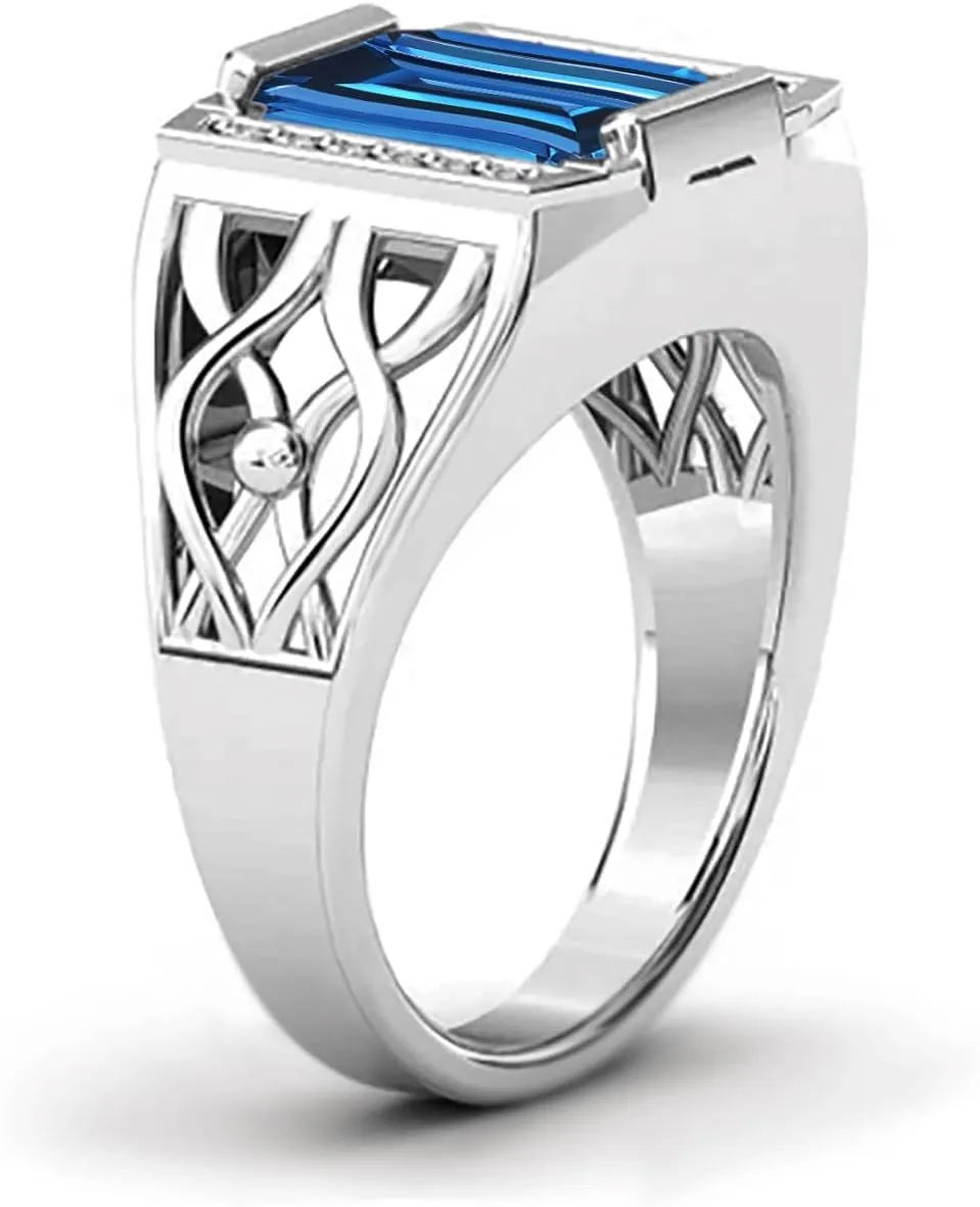 10K 14K 18K Gold 4 Carat Mens Gemstone Engagement Rings Emerald Cut Gemstone Rings for Men Large Promise Ring with 0.15cttw Side Moissanite