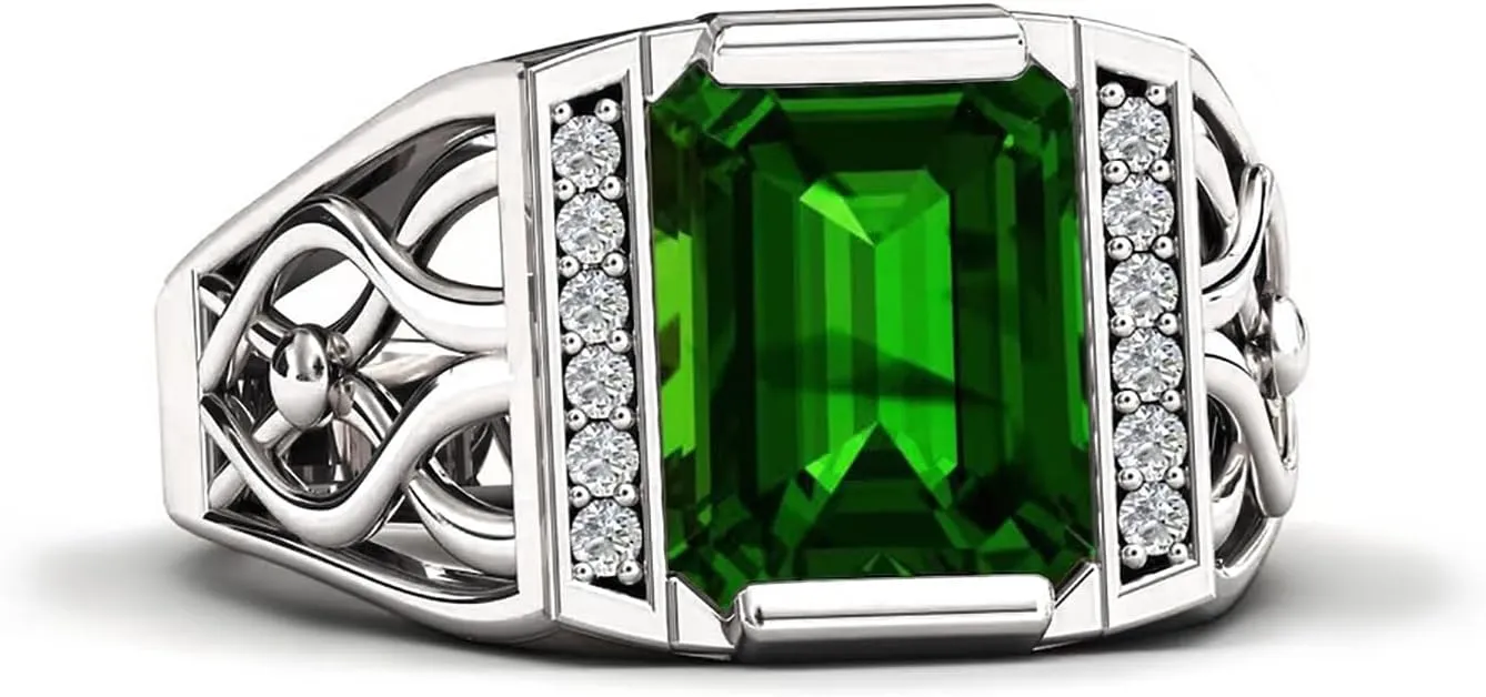 10K 14K 18K Gold 4 Carat Mens Gemstone Engagement Rings Emerald Cut Gemstone Rings for Men Large Promise Ring with 0.15cttw Side Moissanite