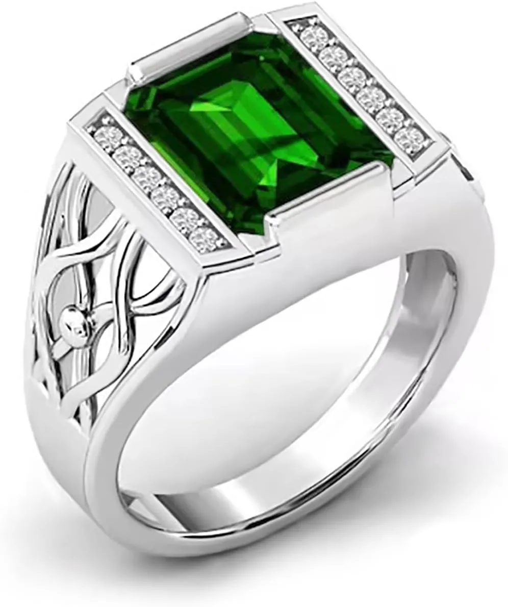 10K 14K 18K Gold 4 Carat Mens Gemstone Engagement Rings Emerald Cut Gemstone Rings for Men Large Promise Ring with 0.15cttw Side Moissanite