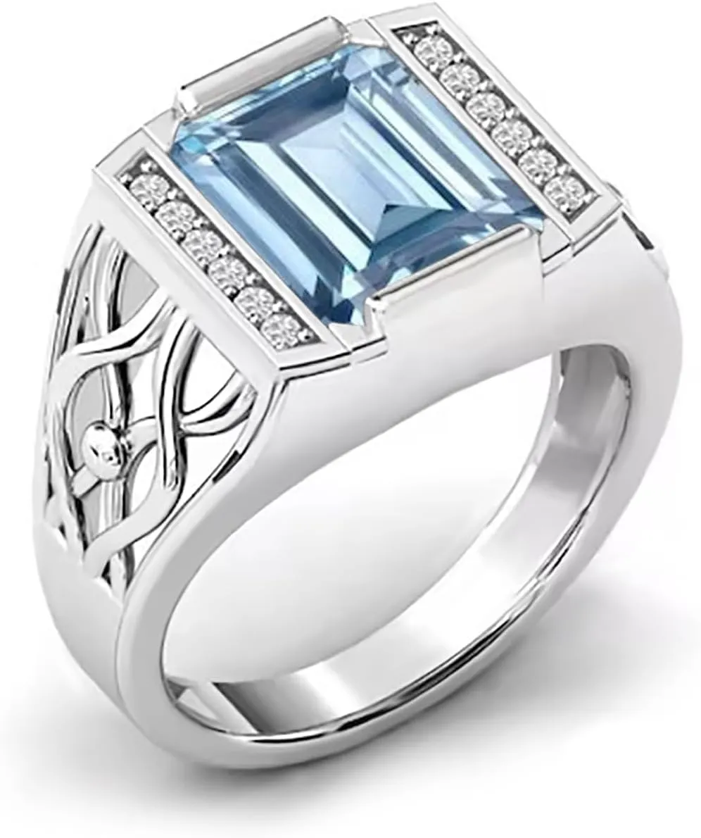10K 14K 18K Gold 4 Carat Mens Gemstone Engagement Rings Emerald Cut Gemstone Rings for Men Large Promise Ring with 0.15cttw Side Moissanite