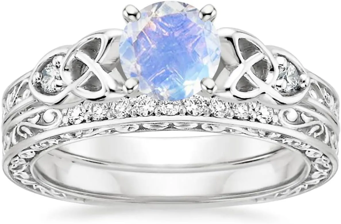 1.13 Carat Celtic Knot Gemstone and Moissanite Engagement Ring Sets for Women 10K 14K 18K Solid Gold Platinum Plated Round Cut Vintage Bridal Sets Wedding Rings with Text Engraving