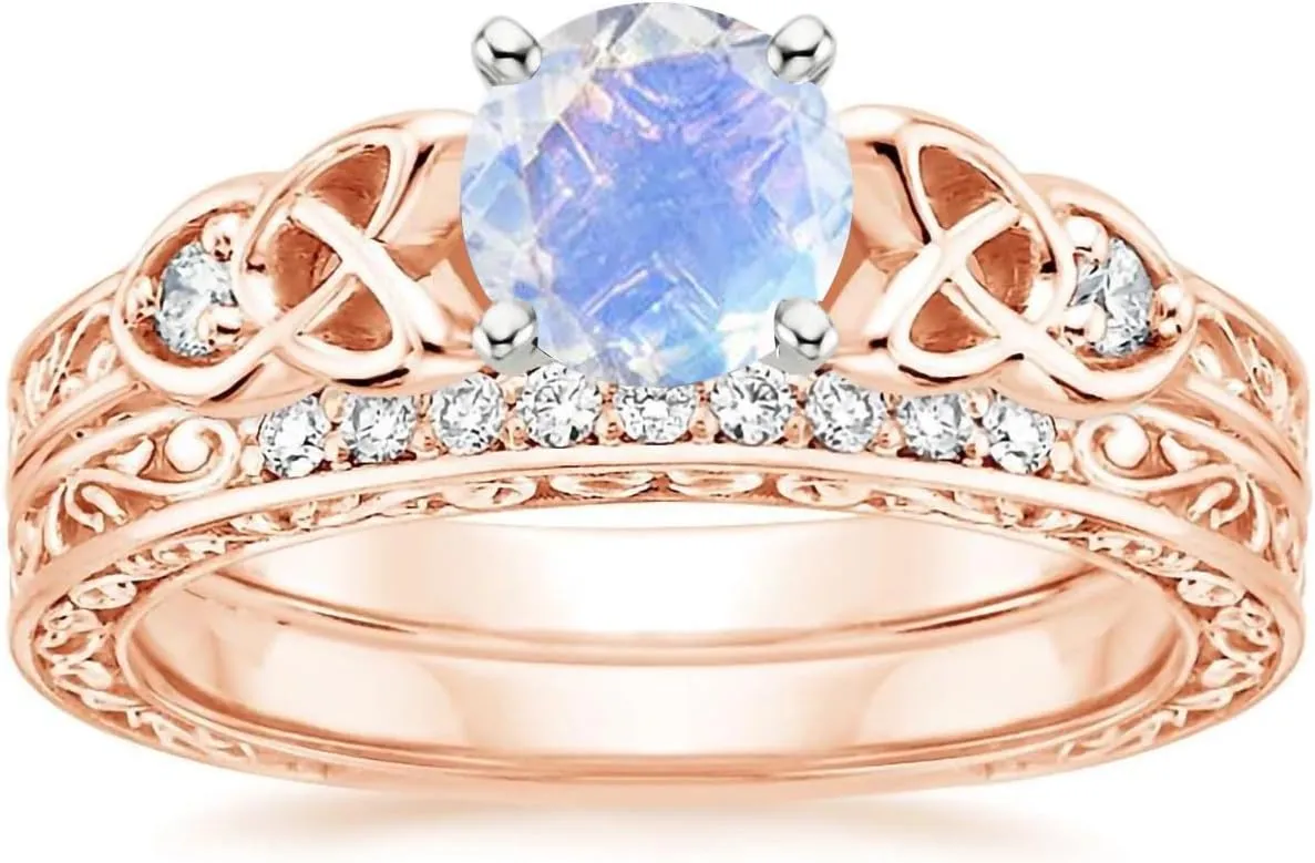 1.13 Carat Celtic Knot Gemstone and Moissanite Engagement Ring Sets for Women 10K 14K 18K Solid Gold Platinum Plated Round Cut Vintage Bridal Sets Wedding Rings with Text Engraving
