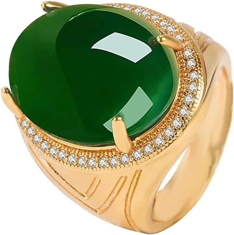 14K Gold 2.0 Carats Jade Ring for Men 10K/14K/18K Real Yellow Gold Natural Green Jadeite Signet Ring with Moissanite for Men Mens Gemstone Ring for Engagement Fathers Day Wedding Size 4-16