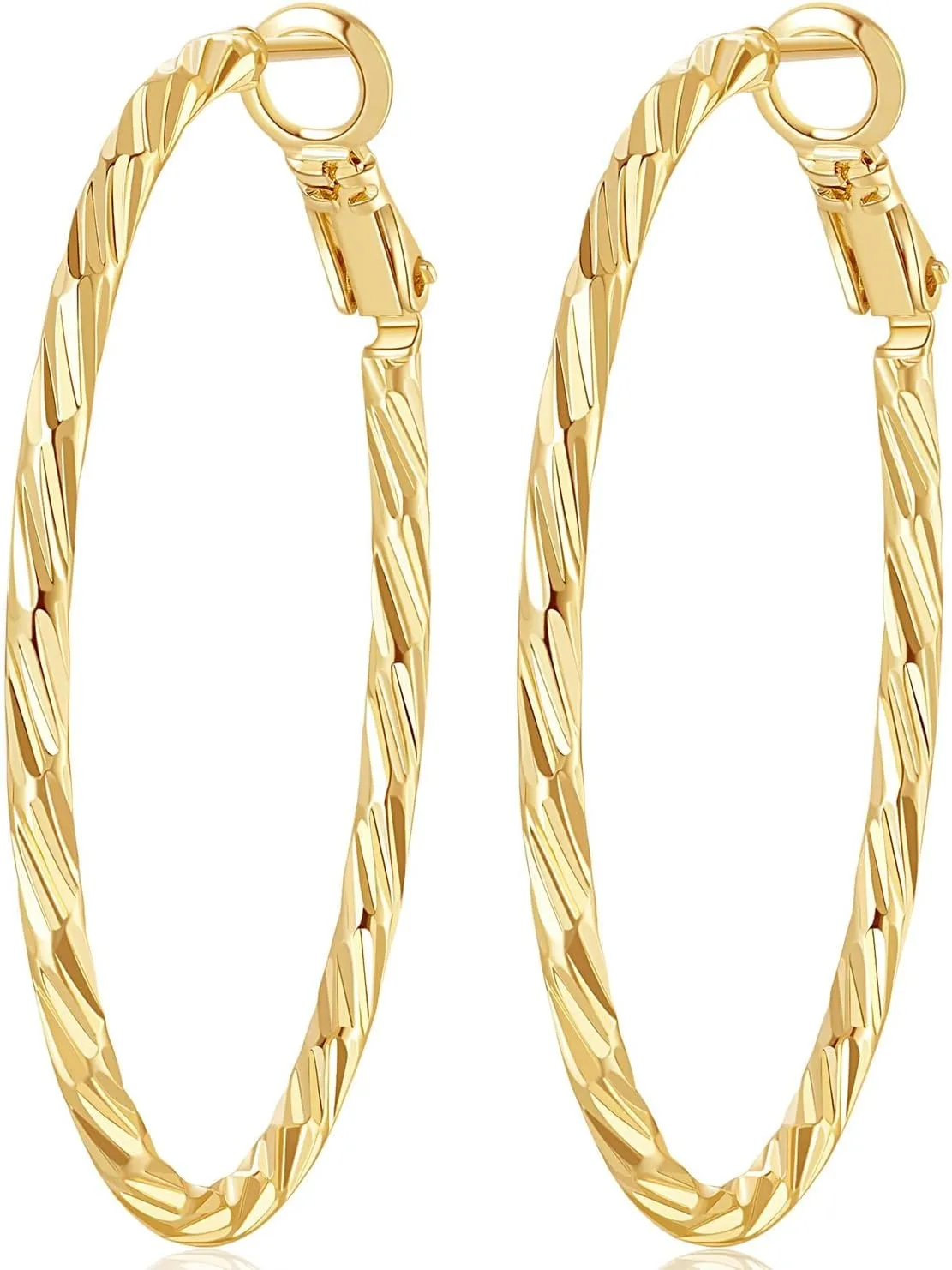 14K Gold Hoops Gold Earrings Hoops Large Gold Hoop Earrings for Women Unique Textured Slash Design Big Hoop Earring 40mm