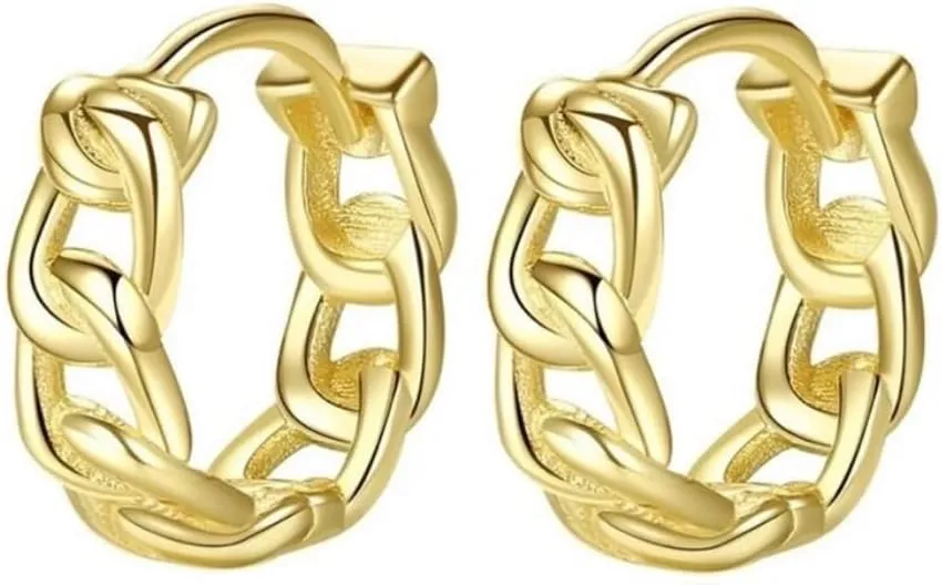 14K Yellow Gold Plated over 925 sterling silver Hoop chain small huggie Earrings - Hypoallergenic Earrings for Women - Trendy dainty Gold Jewelry- Gold Jewelry for Women