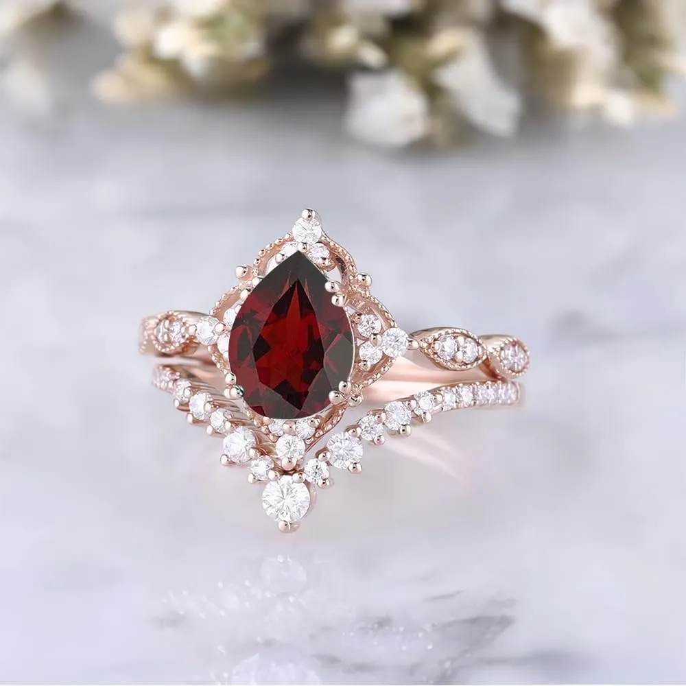 1.5ct Pear Shaped Gemstone Engagement Rings for Women 10K 14K 18K White Yellow Rose Gold Gemstone Wedding Ring Set Bridal Set 2pcs Vintage Inspired V Shaped Wedding Band Anniversary
