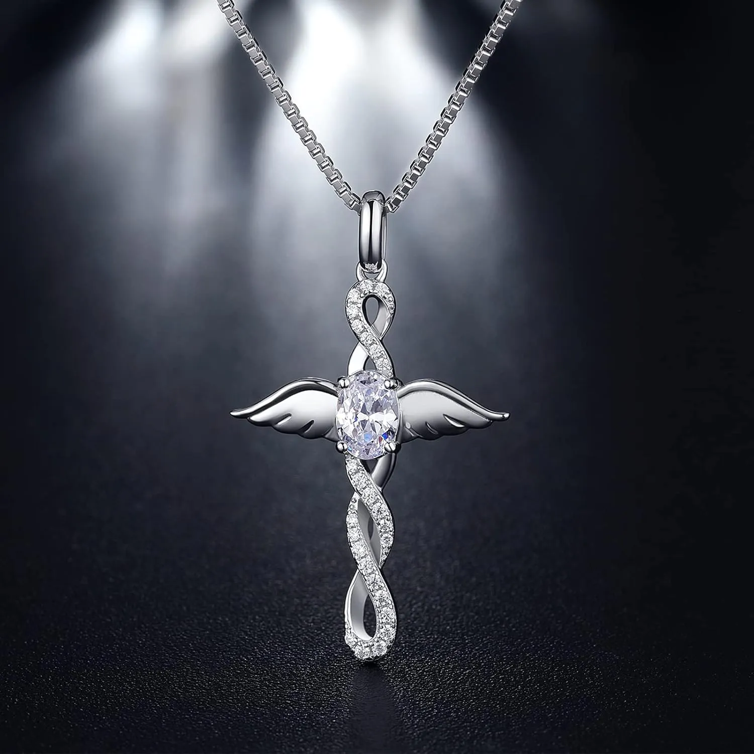 18K White Gold Plated Angel Wing Cross Necklace for Women 925 Sterling Silver Infinity Cross Pendant with Birthstone, Cross Jewelry Gift for Women with Gift Box
