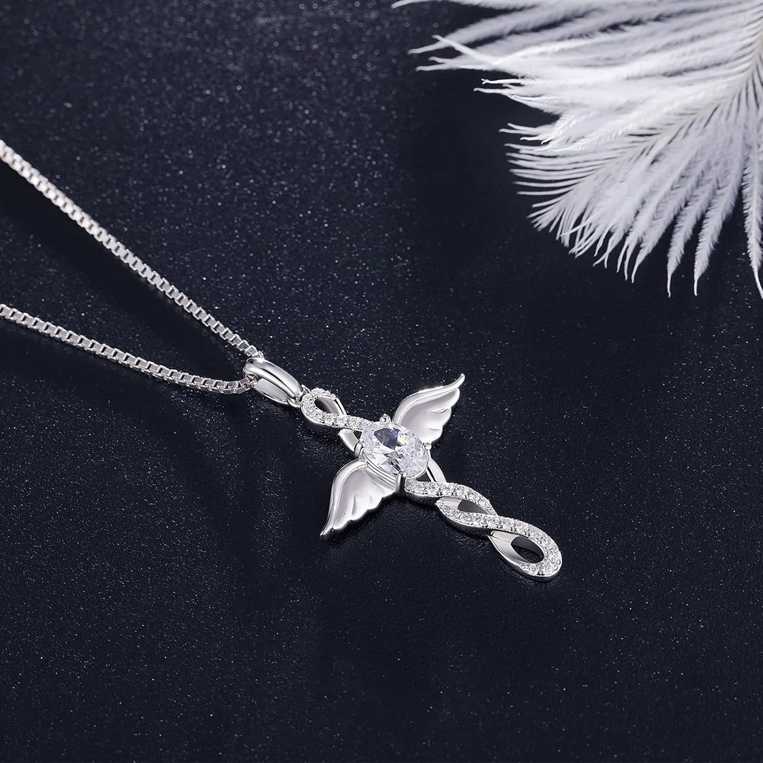 18K White Gold Plated Angel Wing Cross Necklace for Women 925 Sterling Silver Infinity Cross Pendant with Birthstone, Cross Jewelry Gift for Women with Gift Box