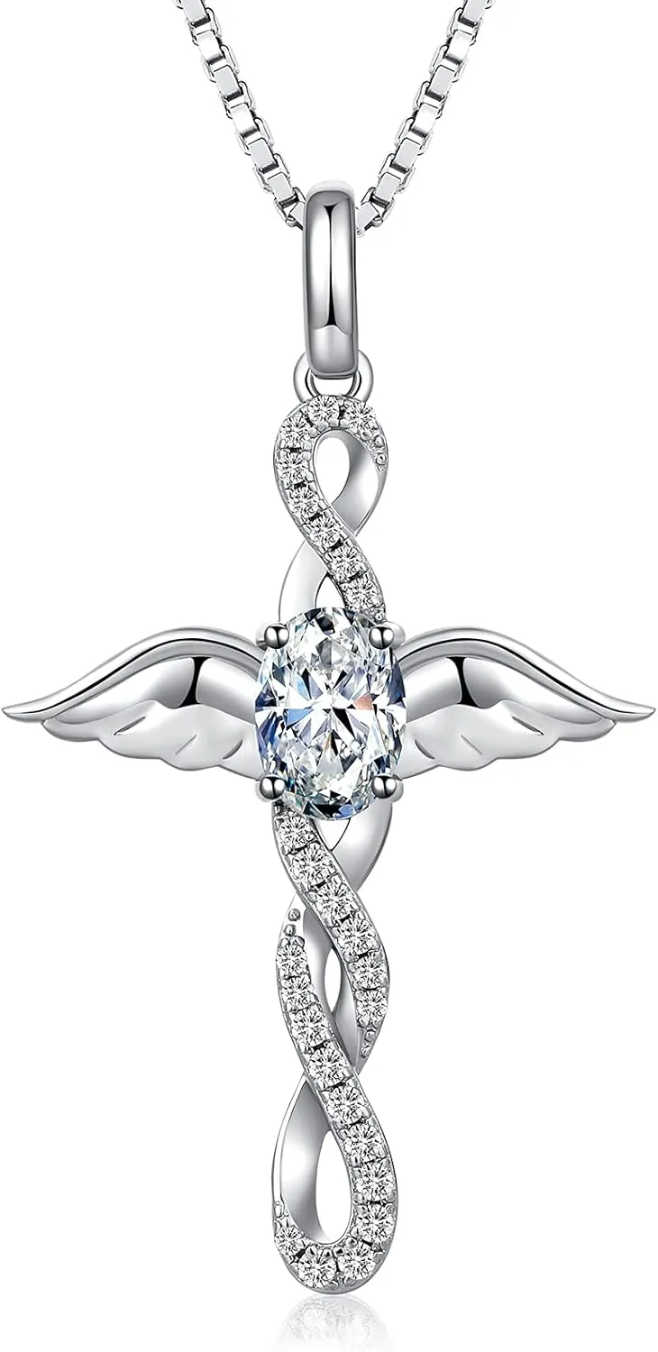 18K White Gold Plated Angel Wing Cross Necklace for Women 925 Sterling Silver Infinity Cross Pendant with Birthstone, Cross Jewelry Gift for Women with Gift Box
