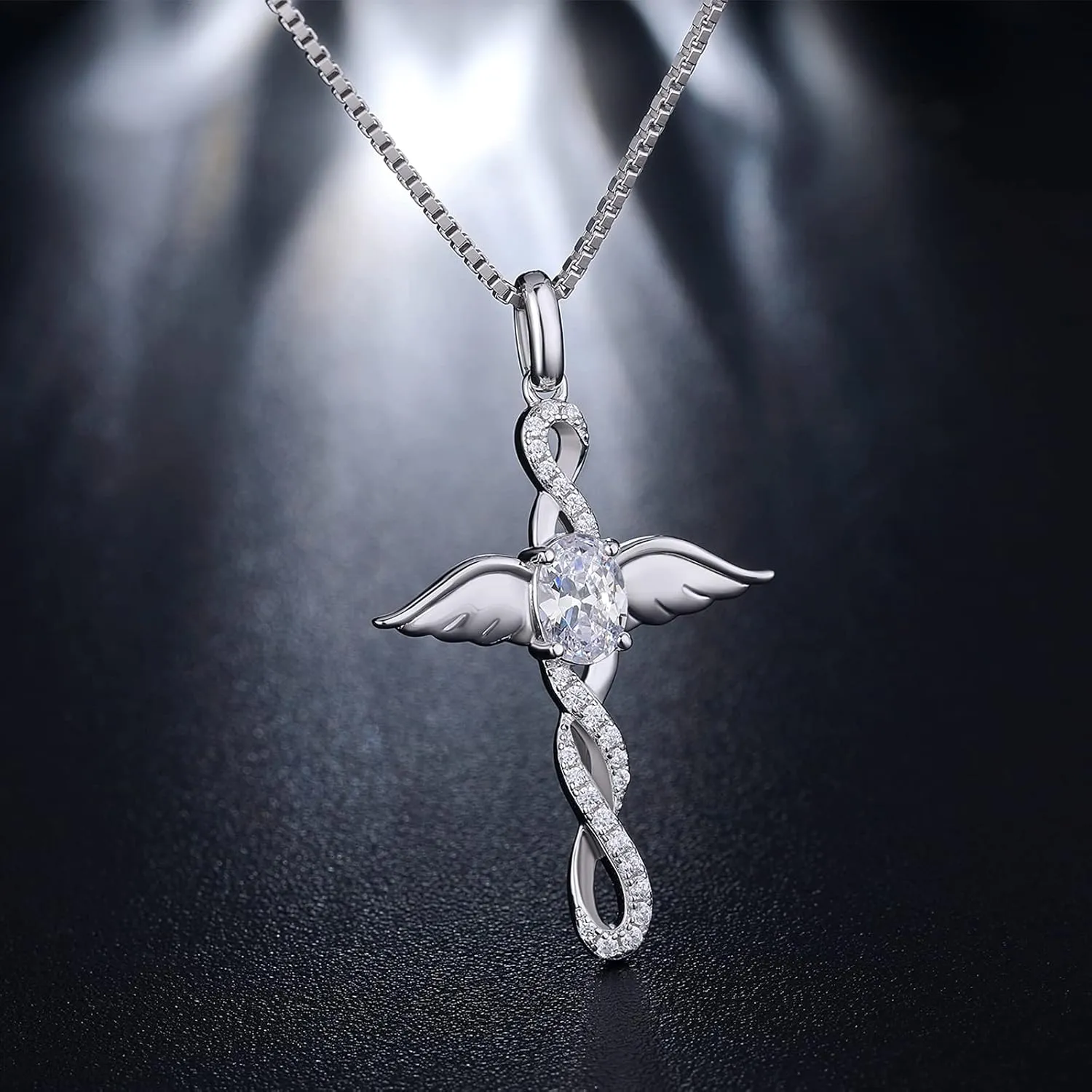 18K White Gold Plated Angel Wing Cross Necklace for Women 925 Sterling Silver Infinity Cross Pendant with Birthstone, Cross Jewelry Gift for Women with Gift Box