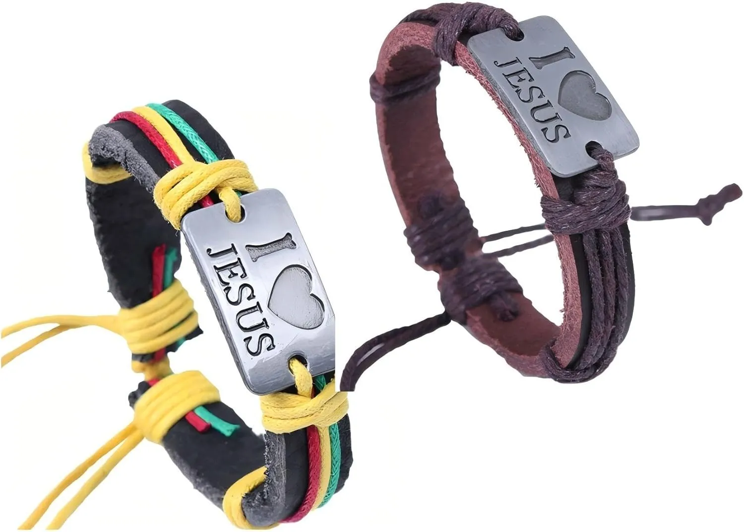 2 Christian Catholic Jesus Leather Braided Bracelets, I LOVE JESUS Vintage Handmade Multi-Layered Braided Rope Adjustable Bracelet, Religious Jewelry Accessories
