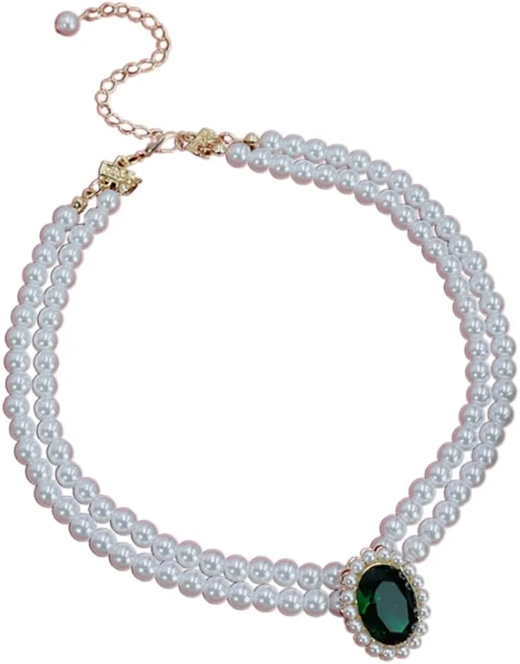 2 Rows Baroque Pearl Choker Dark Green Gem Pendant Necklaces Vintage Women Adjustable Short Necklaces Jewelry for Proms Party