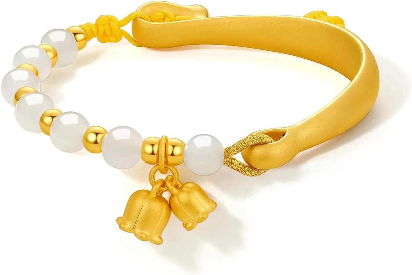 24K Gold Bracelet for Women Flower Jade Charm Bracelets Lily of the Valley Jewelry Adjustable Beaded Chain Dainty Good Luck Bangle Natural Healing Bead Floral Braided Rope Personalized Solid Gold Gifts Mom