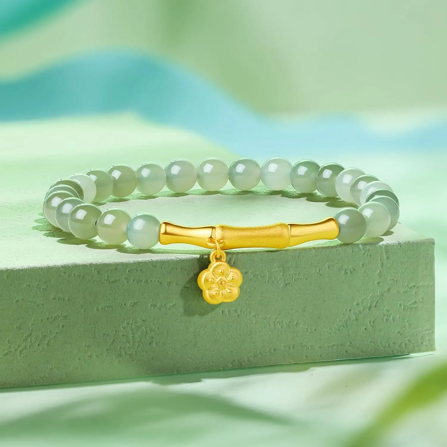 24K Gold Bracelet Jade Beaded Bracelets Stretch Bead Chain Lucky Charm Jewelry Crystal Beads Feng Shui Green Stone Bangle Good Luck Gift Healing Gemstone Bangles Energy Chakra Hetian Gem for Women Men