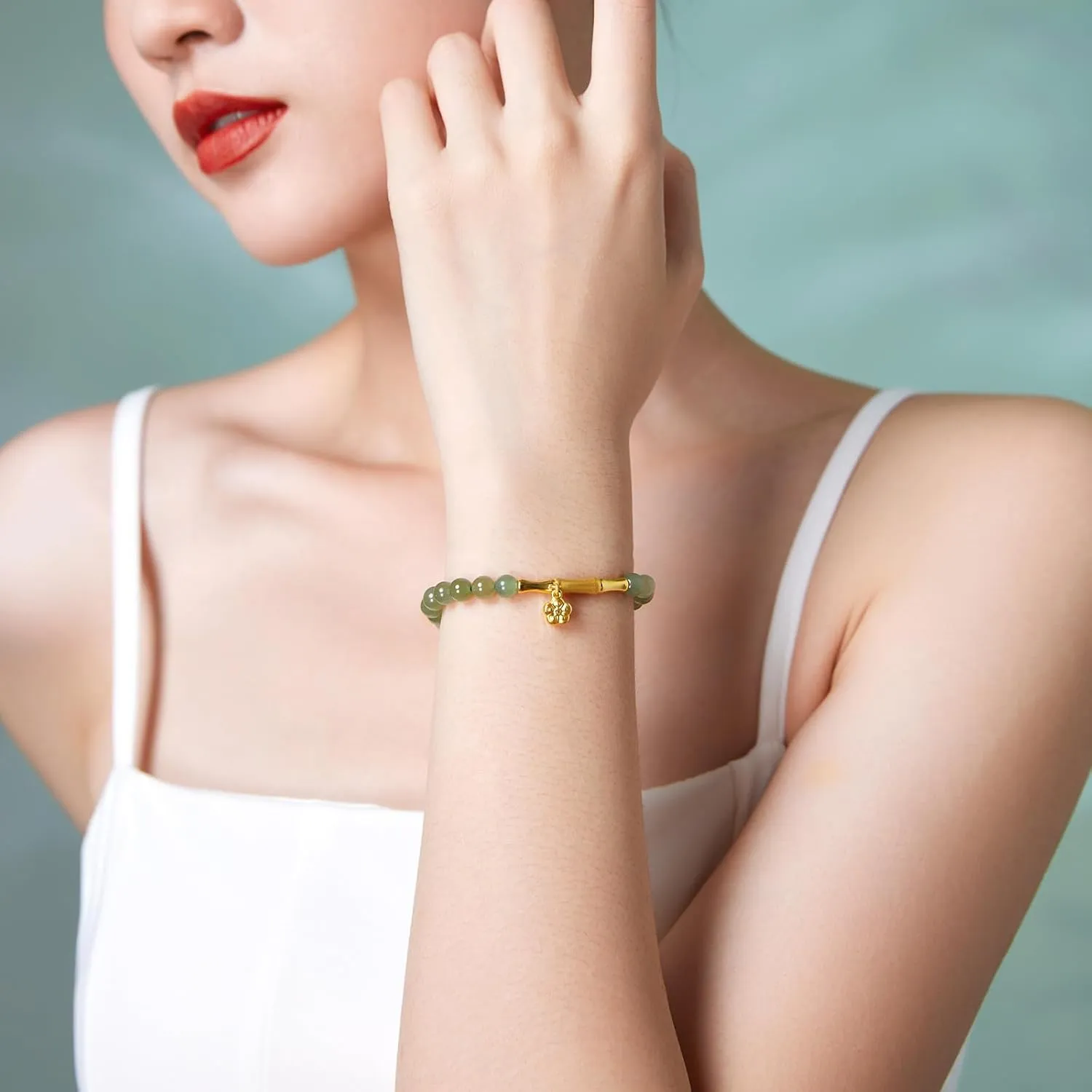 24K Gold Bracelet Jade Beaded Bracelets Stretch Bead Chain Lucky Charm Jewelry Crystal Beads Feng Shui Green Stone Bangle Good Luck Gift Healing Gemstone Bangles Energy Chakra Hetian Gem for Women Men