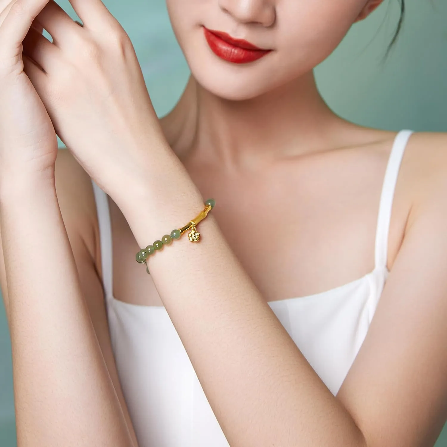 24K Gold Bracelet Jade Beaded Bracelets Stretch Bead Chain Lucky Charm Jewelry Crystal Beads Feng Shui Green Stone Bangle Good Luck Gift Healing Gemstone Bangles Energy Chakra Hetian Gem for Women Men