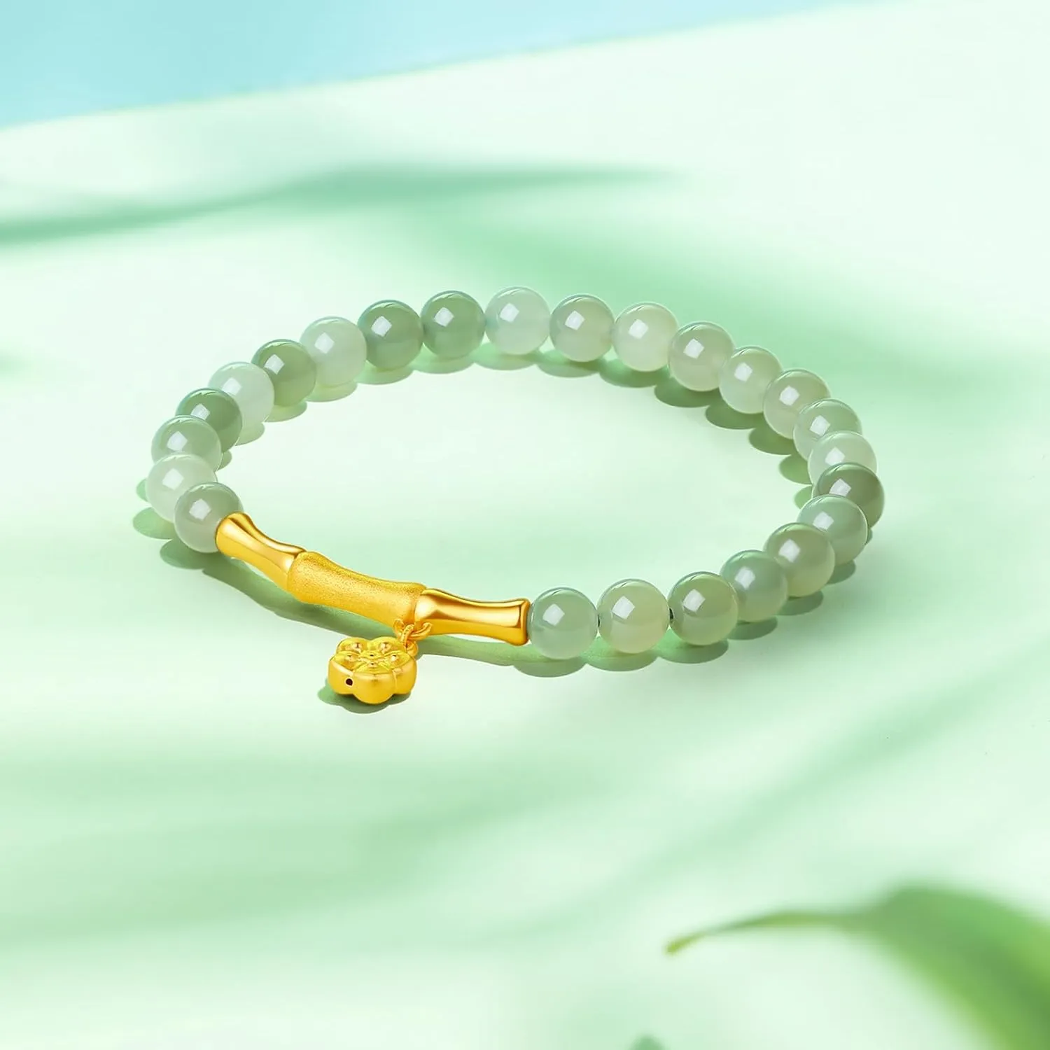 24K Gold Bracelet Jade Beaded Bracelets Stretch Bead Chain Lucky Charm Jewelry Crystal Beads Feng Shui Green Stone Bangle Good Luck Gift Healing Gemstone Bangles Energy Chakra Hetian Gem for Women Men