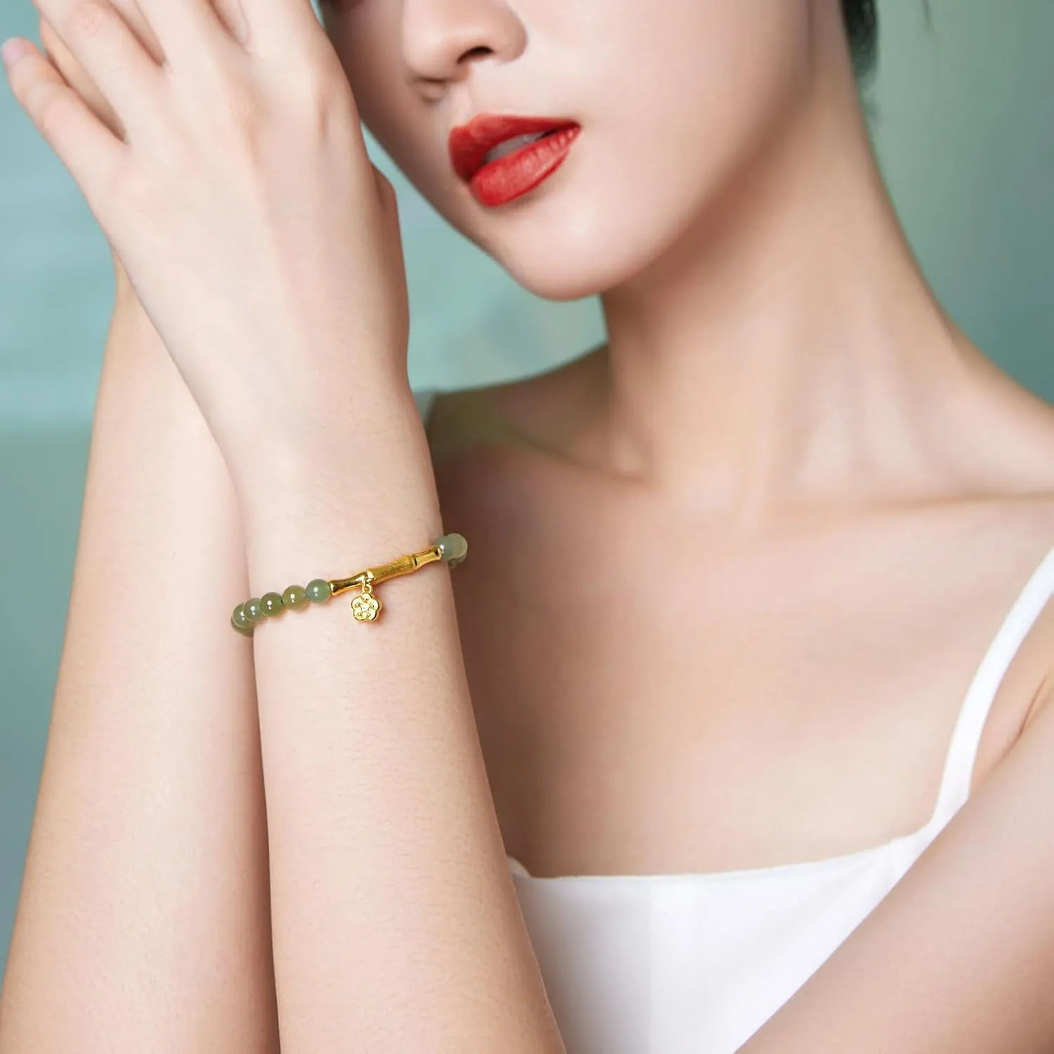 24K Gold Bracelet Jade Beaded Bracelets Stretch Bead Chain Lucky Charm Jewelry Crystal Beads Feng Shui Green Stone Bangle Good Luck Gift Healing Gemstone Bangles Energy Chakra Hetian Gem for Women Men