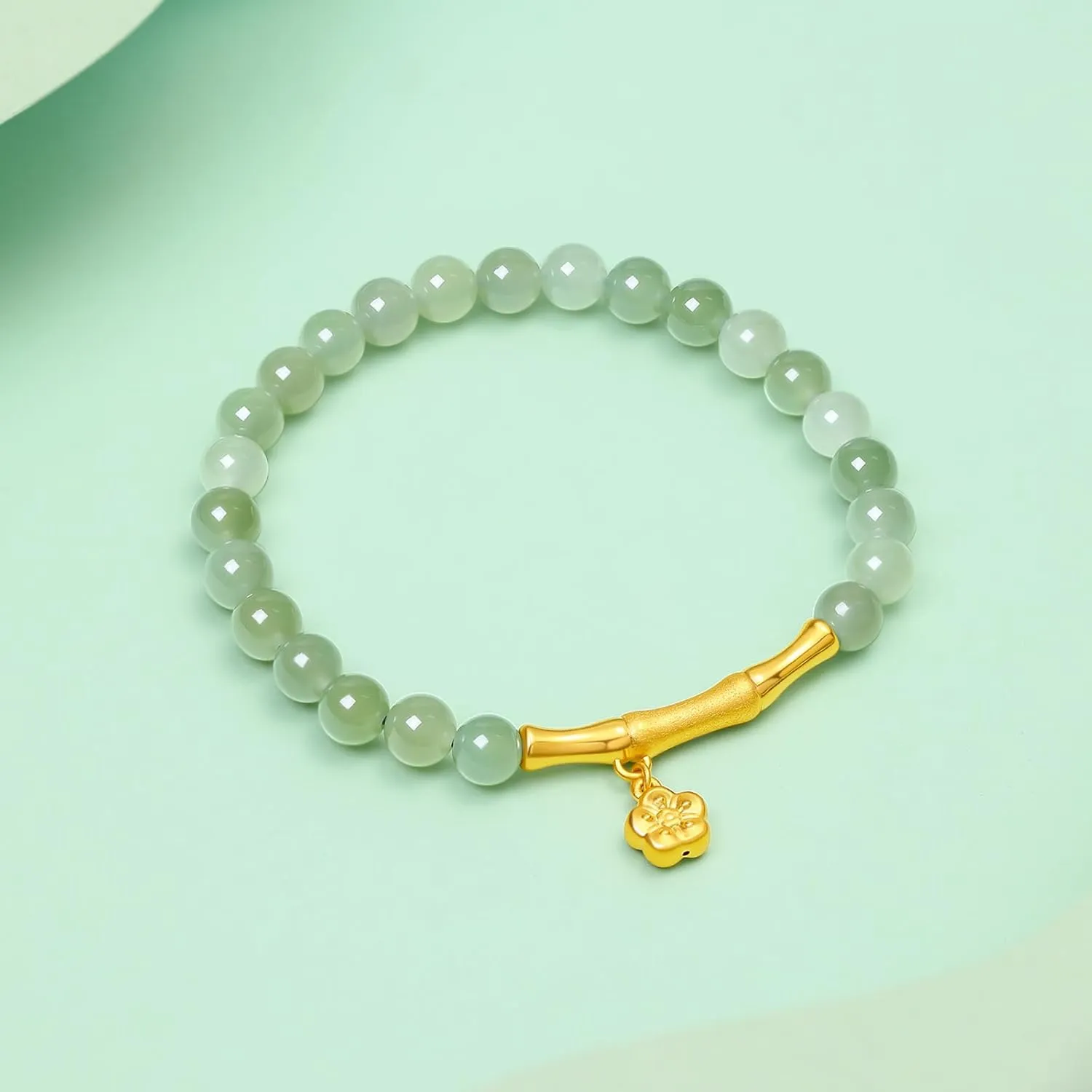 24K Gold Bracelet Jade Beaded Bracelets Stretch Bead Chain Lucky Charm Jewelry Crystal Beads Feng Shui Green Stone Bangle Good Luck Gift Healing Gemstone Bangles Energy Chakra Hetian Gem for Women Men