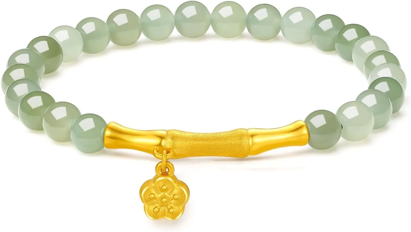 24K Gold Bracelet Jade Beaded Bracelets Stretch Bead Chain Lucky Charm Jewelry Crystal Beads Feng Shui Green Stone Bangle Good Luck Gift Healing Gemstone Bangles Energy Chakra Hetian Gem for Women Men