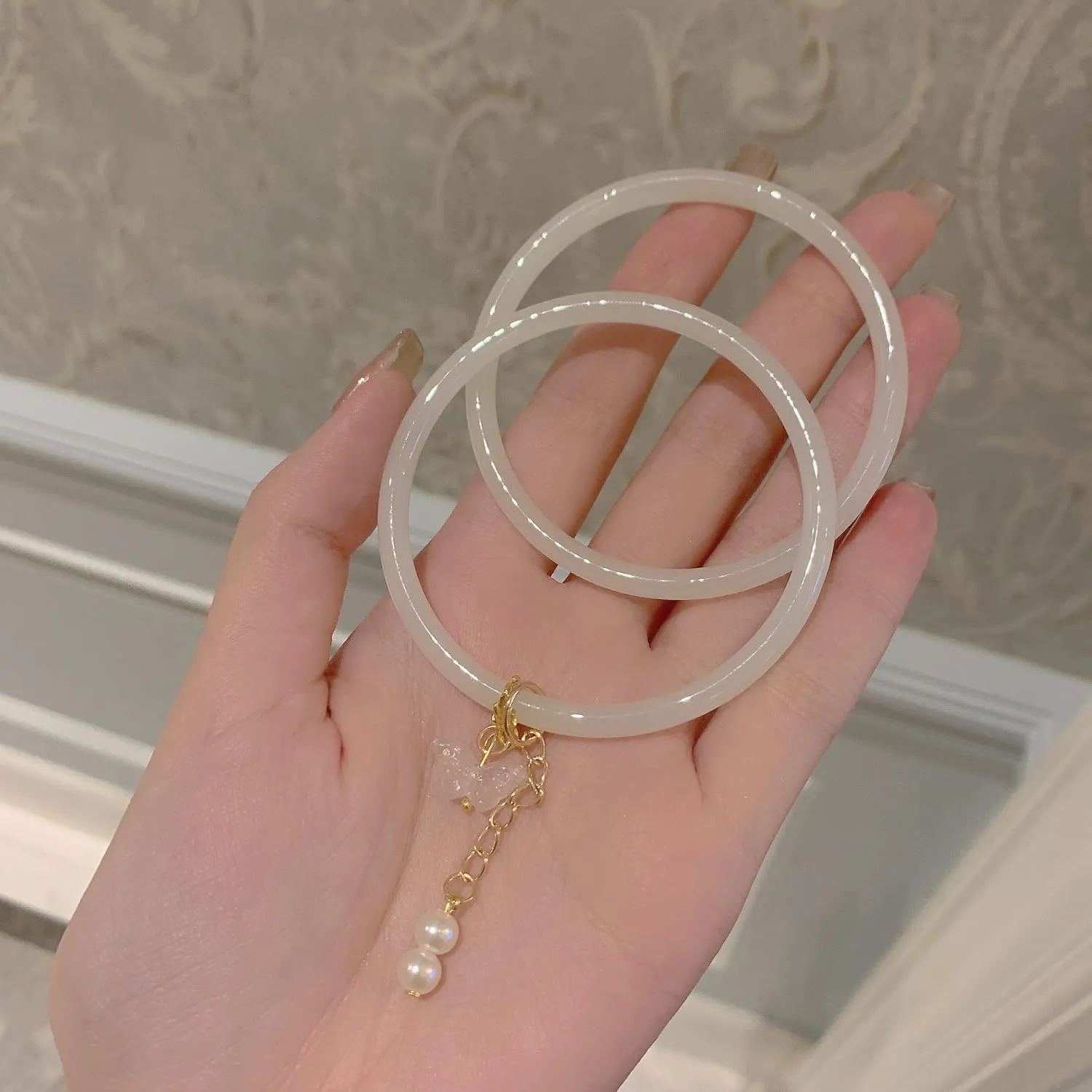 2pc White Smooth Bracelet   White Butterfly Bracelet Jade Bangles Classic Geometric Women Bangle Elegant Bracelets Small Butterfly Pearl Hanfu Accessories, Chinese Style Vintage Jade Bracelet, White