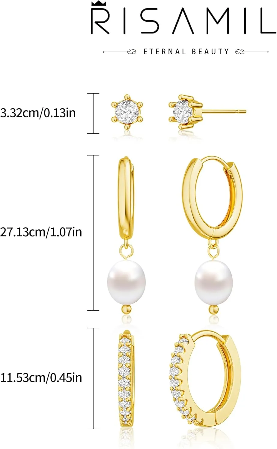 3 Pairs Gold Earrings for Women - Dainty Huggies Hoops Set Trendy Cubic Zirconia Stud Jewelry