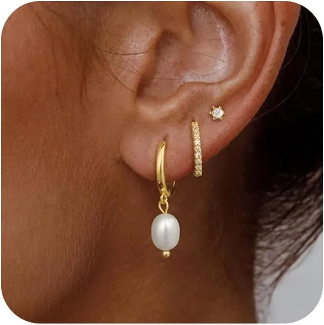 3 Pairs Gold Earrings for Women - Dainty Huggies Hoops Set Trendy Cubic Zirconia Stud Jewelry