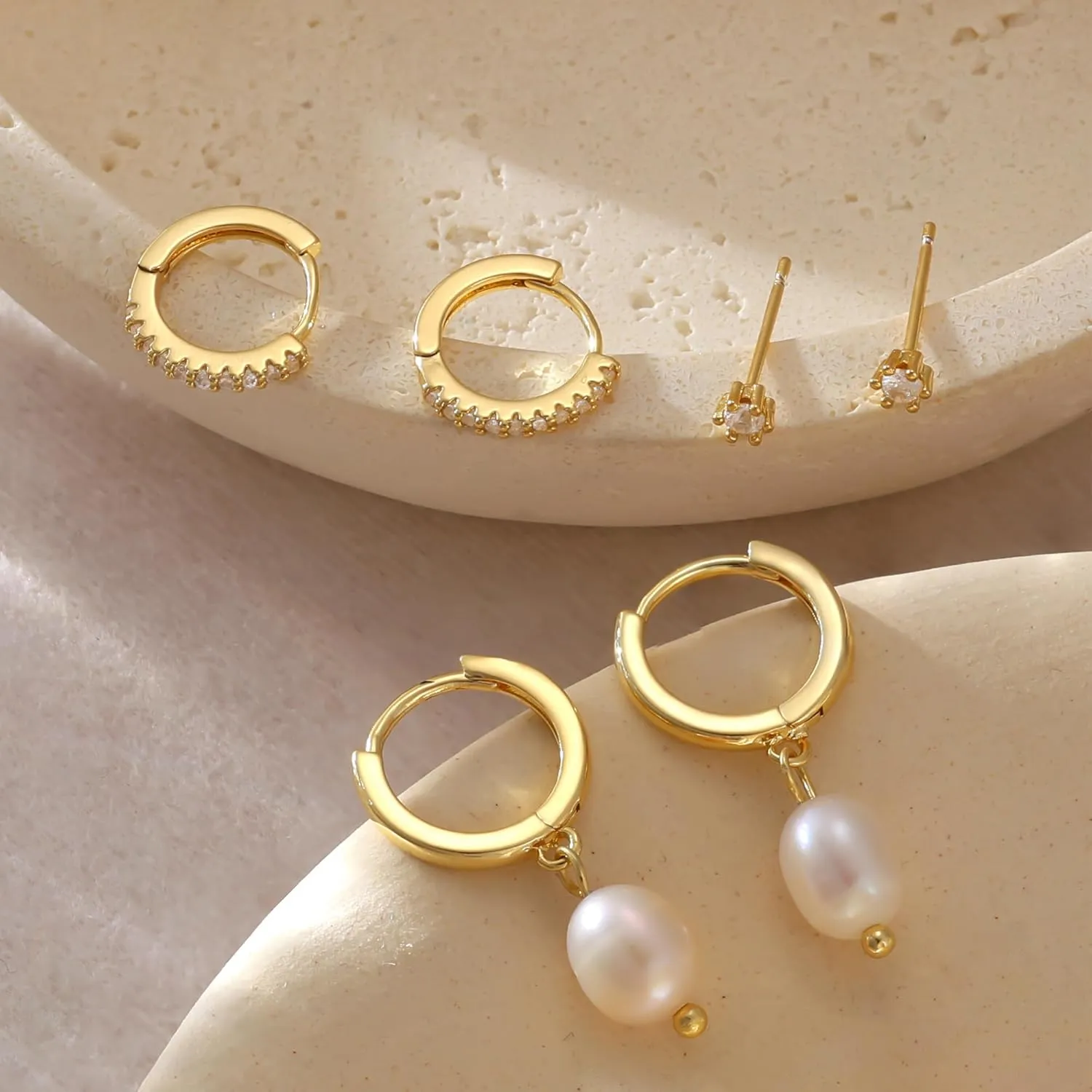 3 Pairs Gold Earrings for Women - Dainty Huggies Hoops Set Trendy Cubic Zirconia Stud Jewelry