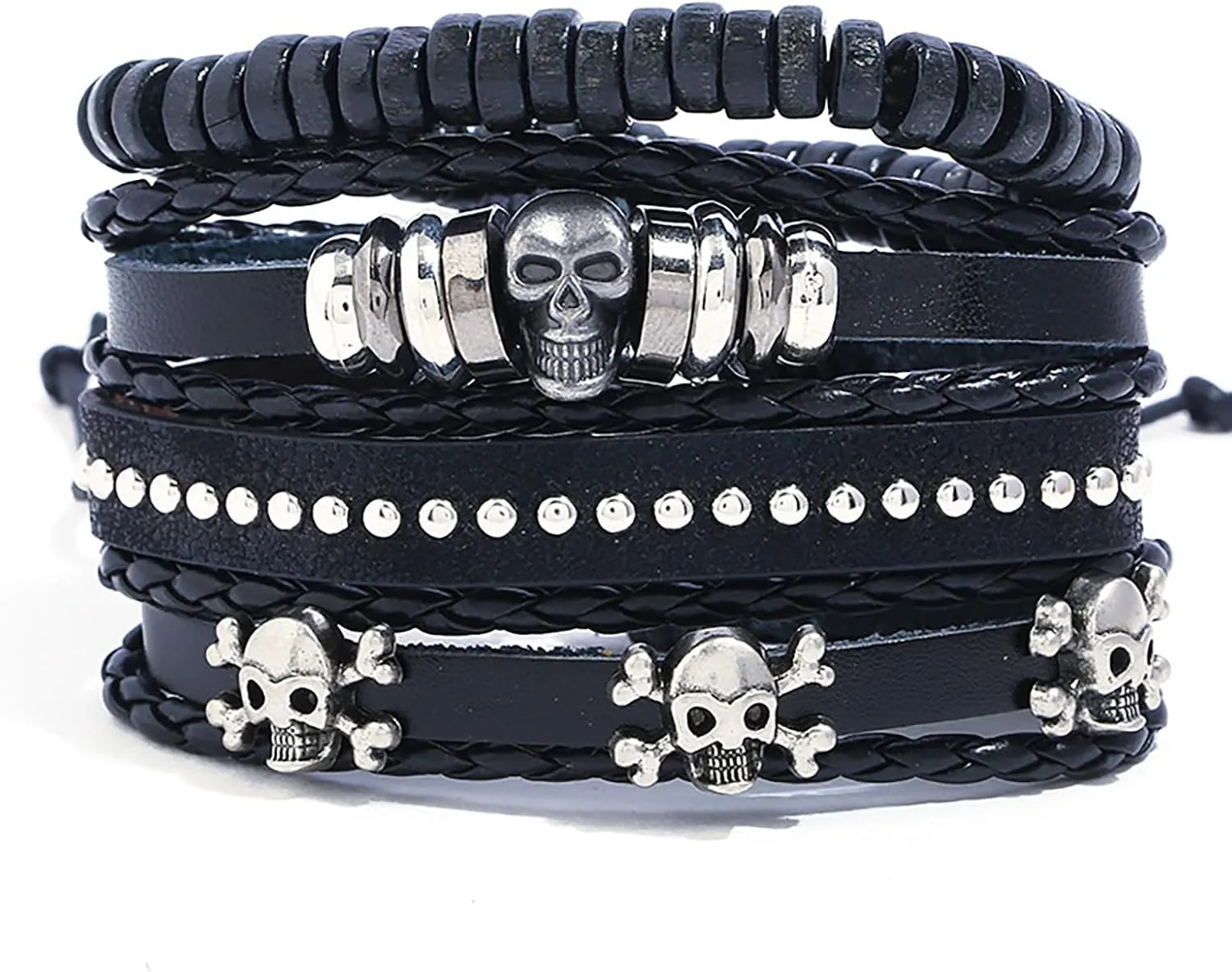 4 Pcs Punk Leather Bracelets for Men Retro Skull Rope Chain Black Leather Bracelet Set Women Rock Braided Cuff Handmade Wristband