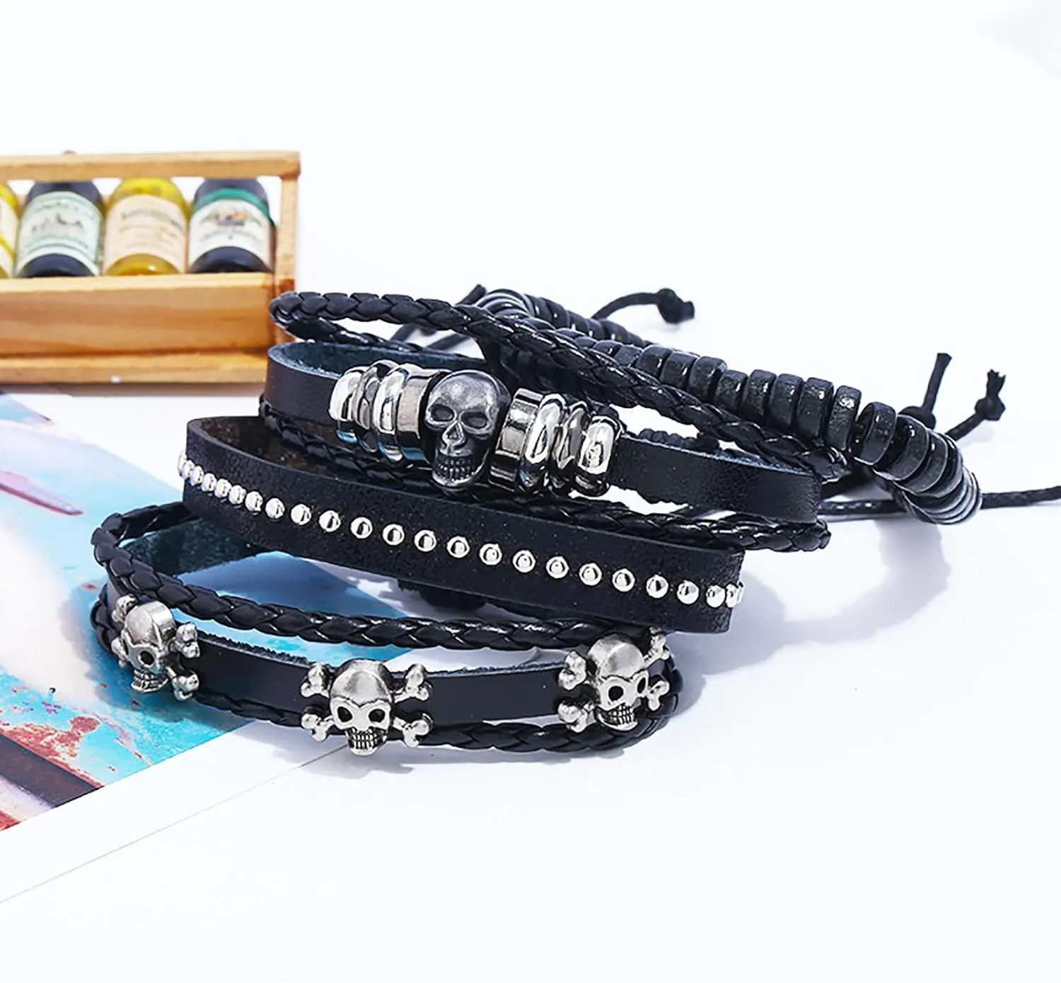 4 Pcs Punk Leather Bracelets for Men Retro Skull Rope Chain Black Leather Bracelet Set Women Rock Braided Cuff Handmade Wristband