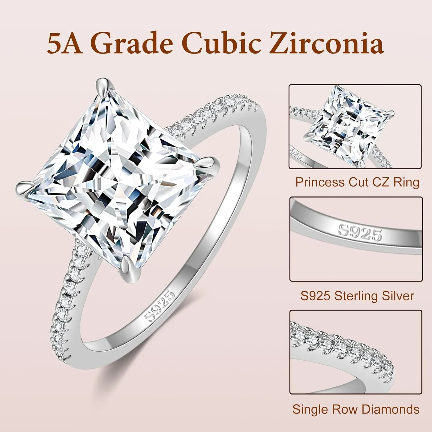 4CT 925 Sterling Silver Princess/Radiant Cut Cubic Zirconia Engagement Rings for Women with 18K White Gold Plated, Solitaire CZ Engagement Promise Ring for Women Wedding Bands for Her Size4-10