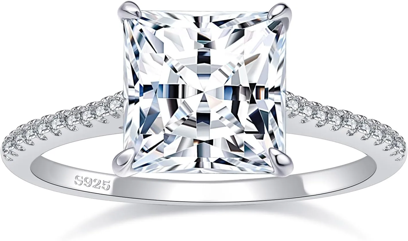 4CT 925 Sterling Silver Princess/Radiant Cut Cubic Zirconia Engagement Rings for Women with 18K White Gold Plated, Solitaire CZ Engagement Promise Ring for Women Wedding Bands for Her Size4-10