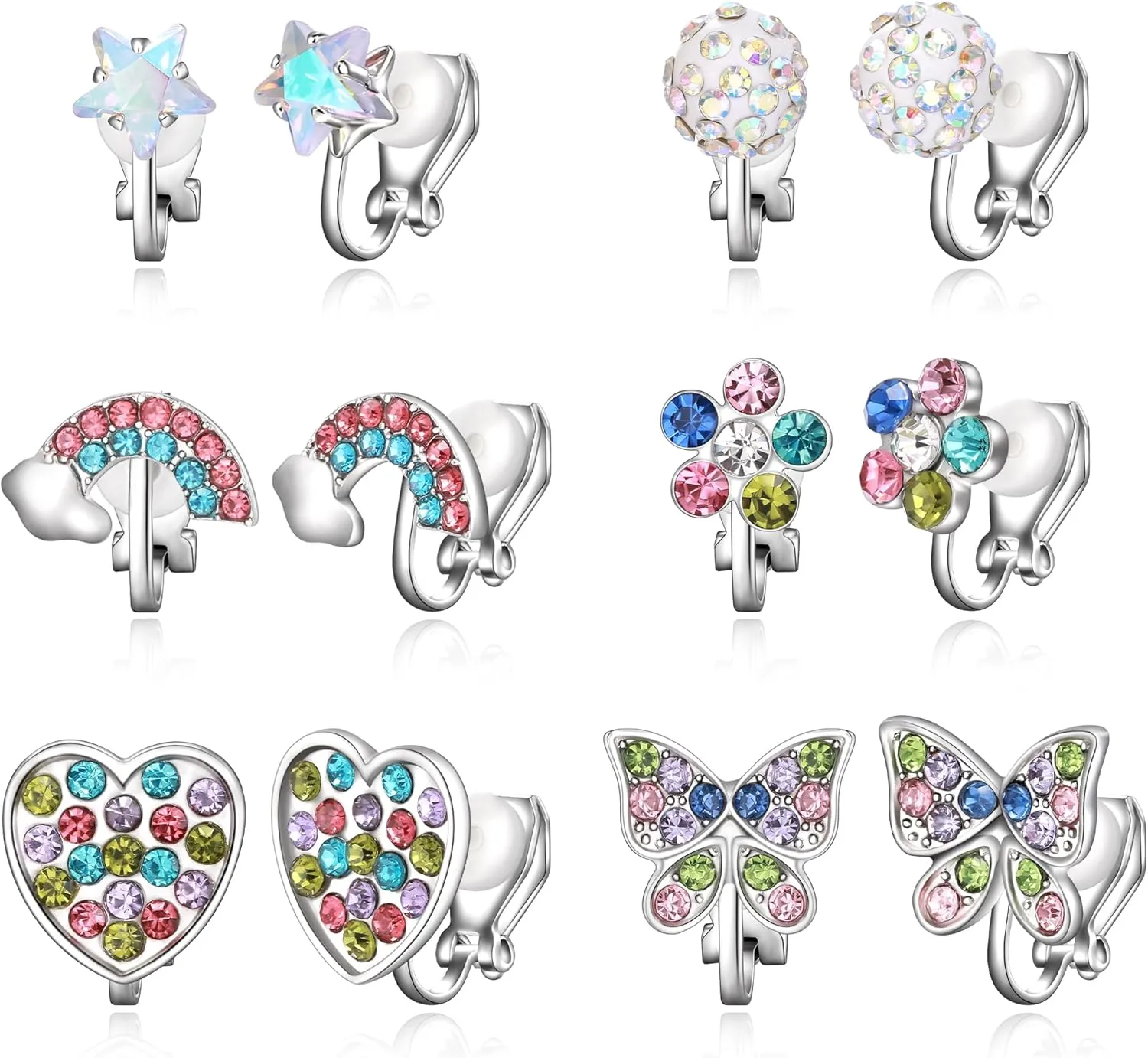6 Pairs Clip On Earrings, Hypoallergenic Cute Butterfly Flower Heart Star Rainbow Clip-on Earring Non-Piercing Earrings Set for Non Pierced Ears