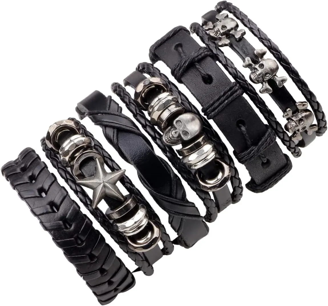 6PCS Braided Leather Wide Wristband, Skull Bracelets, Unique Vintage Bracelets, Handmade Leather Bracelets for Men and Women, Fashion Leather Bracelet, Suitable for Bikers, Rock Musicians