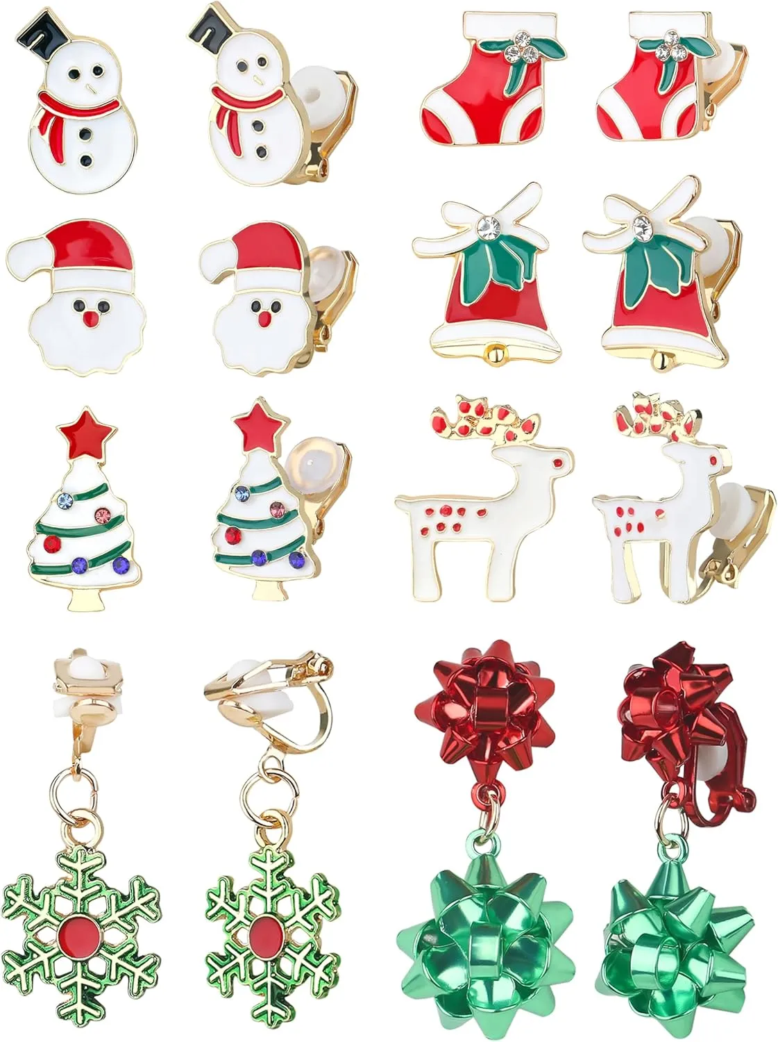 8Pairs Christmas Clip on Earrings for Women Christmas Tree Snowman Moose Santa Bells Socks Holiday Clip on Earrin Xmas Fake Earrings Christmas Jewelry Gifts