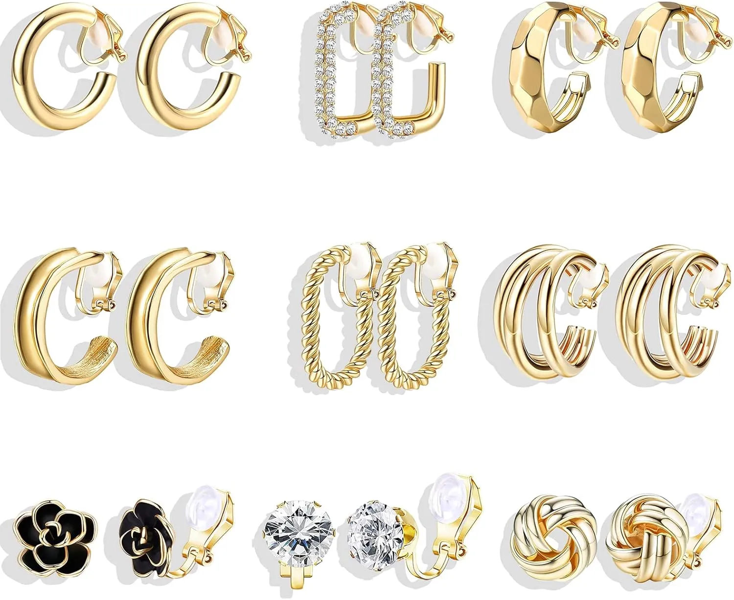 9 Pairs Gold Clip on Earrings for Women Clip on Hoop Earrings Chunky Hoop Earrings Geometric Earrings Non Pierced Fake Hoop Earrings Jewelry Gifts