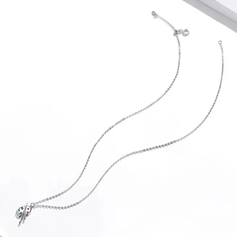 925 Sterling Silver Color Palette Necklace Chain Zircon Crystal Art Brush for Women Fine Statement Jewelry