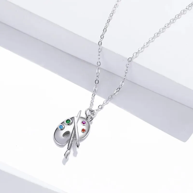 925 Sterling Silver Color Palette Necklace Chain Zircon Crystal Art Brush for Women Fine Statement Jewelry