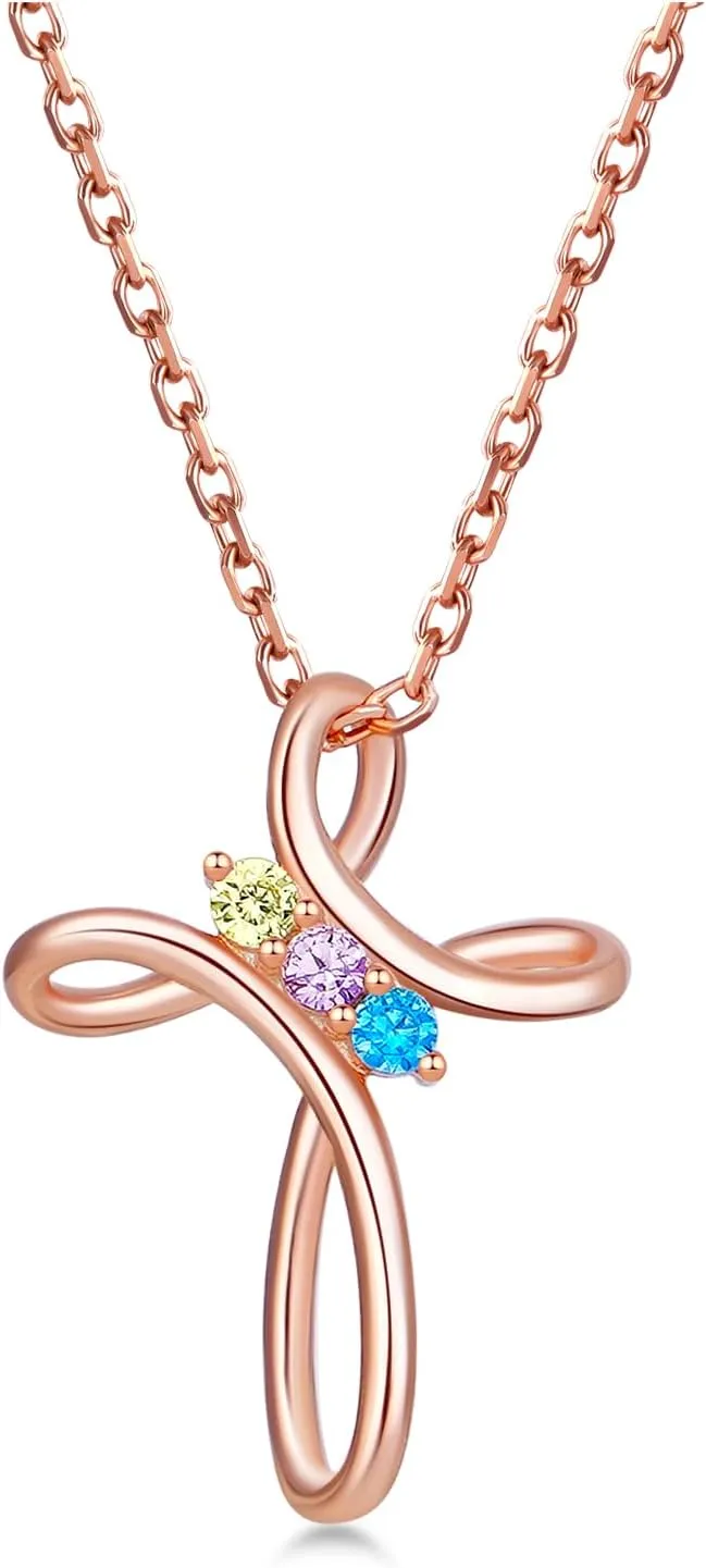925 Sterling Silver Cross Three Birthstone Necklace for Women Cross Pendant Necklaces Trendy Christmas Mothers Day Valentine's Day Anniversary Jewelry Gift for Women Her Wife Girlfriends