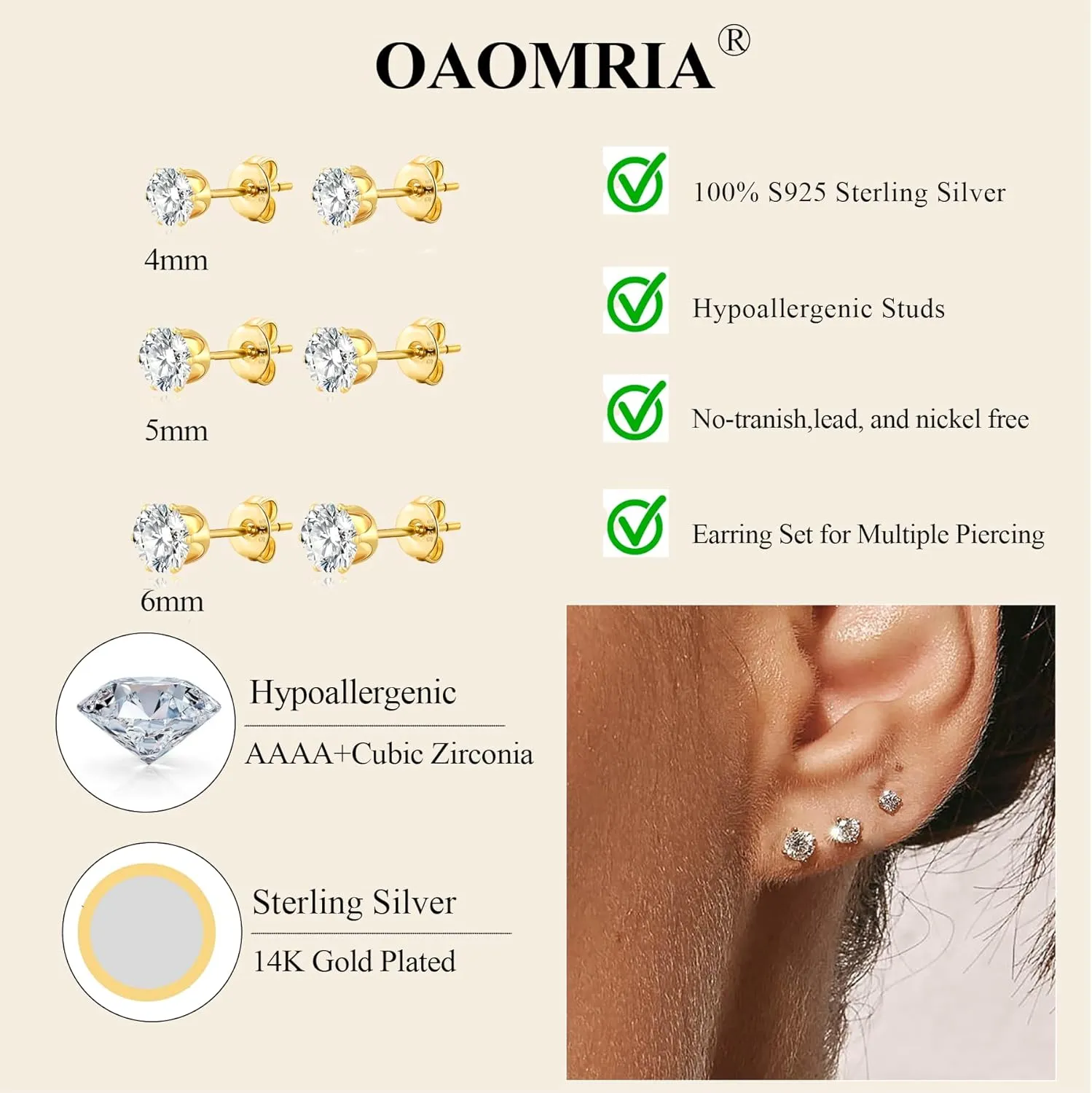 925 Sterling Silver Earrings Studs for Women Tiny Ball Opal Cubic Zirconia Hypoallergenic Earrings Set Small Stud Earring Sets for Multiple Piercing