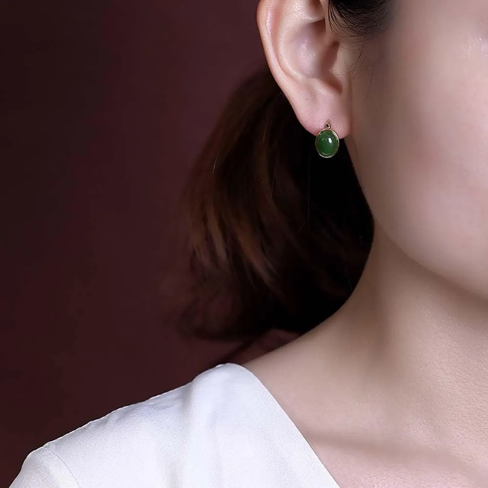 925 Sterling Silver Green Jade Earrings,Clip on Earrings Hoop Earrings Hypoallergenic Gemstone Earrings for Women Gifts(Gold)