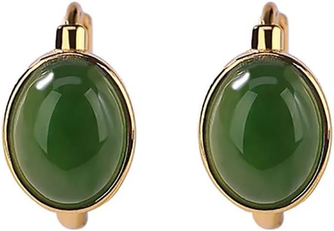 925 Sterling Silver Green Jade Earrings,Clip on Earrings Hoop Earrings Hypoallergenic Gemstone Earrings for Women Gifts(Gold)