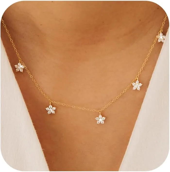925 Sterling Silver Leaf Necklace 14K Gold Plated CZ Leaf Pendant Necklace for Women Lucky Flower Necklaces 5 Leaves Choker Necklace Dainty Chain Necklaces Jewelry To My Daughter Wedding Jewelry