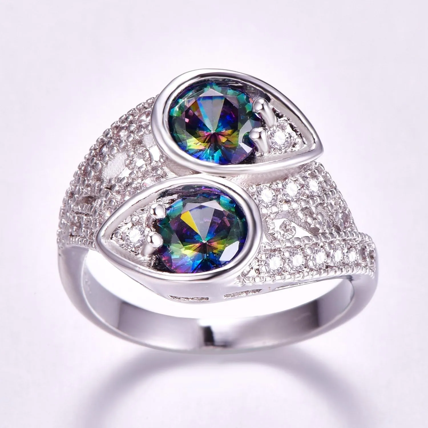 925 Sterling Silver Plated Simulated Rainbow Topaz Knuckle Ring