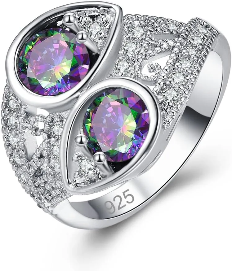 925 Sterling Silver Plated Simulated Rainbow Topaz Knuckle Ring