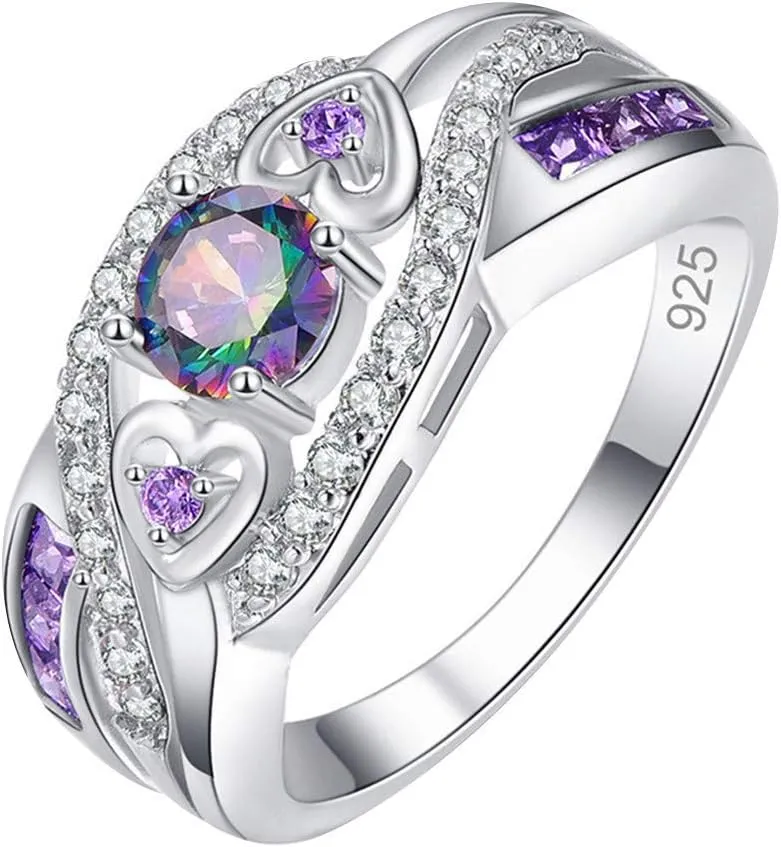 925 Sterling Silver Plated Simulated Rainbow Topaz Wedding Rings Band Gemstone Ring Engagement Rings For Women