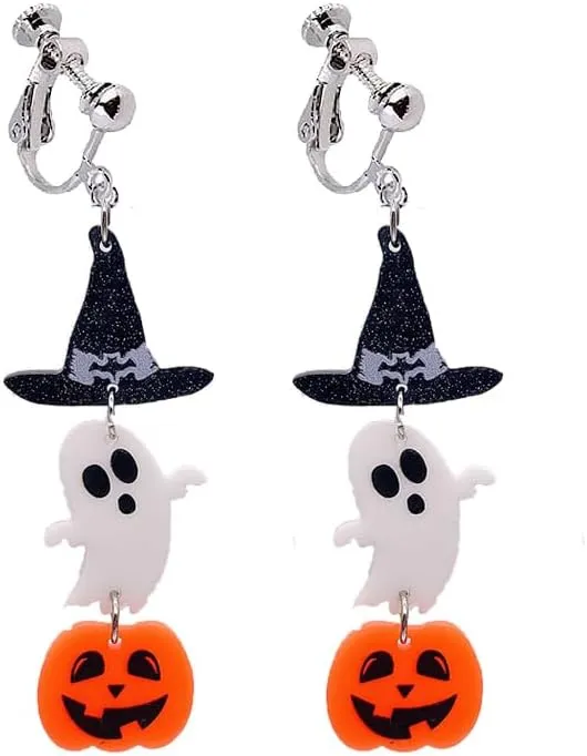 Acrylic Halloween Clip on Earrings Pumpkin Ghost Clip on Earrings Bat Earrings Halloween Jewelry Holiday Earrings
